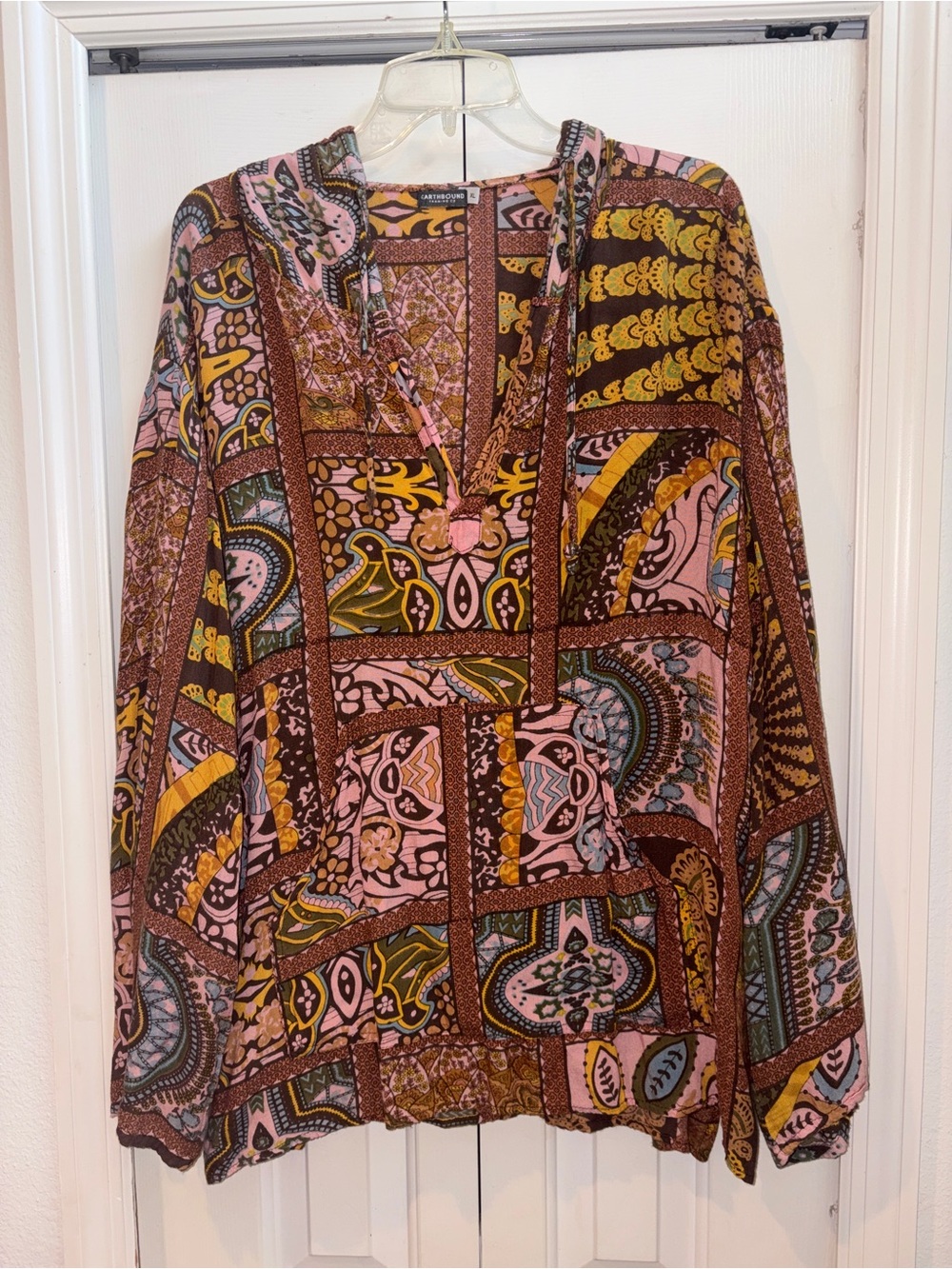 Earthbound Trading Co. Patchwork Hoodie Lightweight Long Sleeve Top